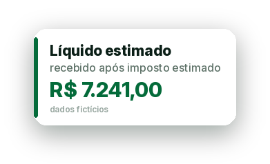 Cartão: líquido estimado após imposto estimado, R$ 7.241,00. Dados fictícios.