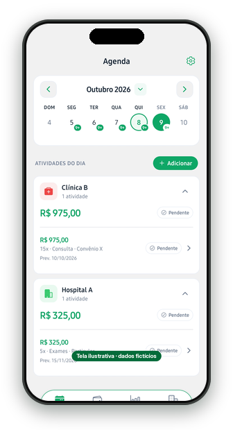 Agenda com atividades do dia, valor e data prevista de pagamento. Dados fictícios.