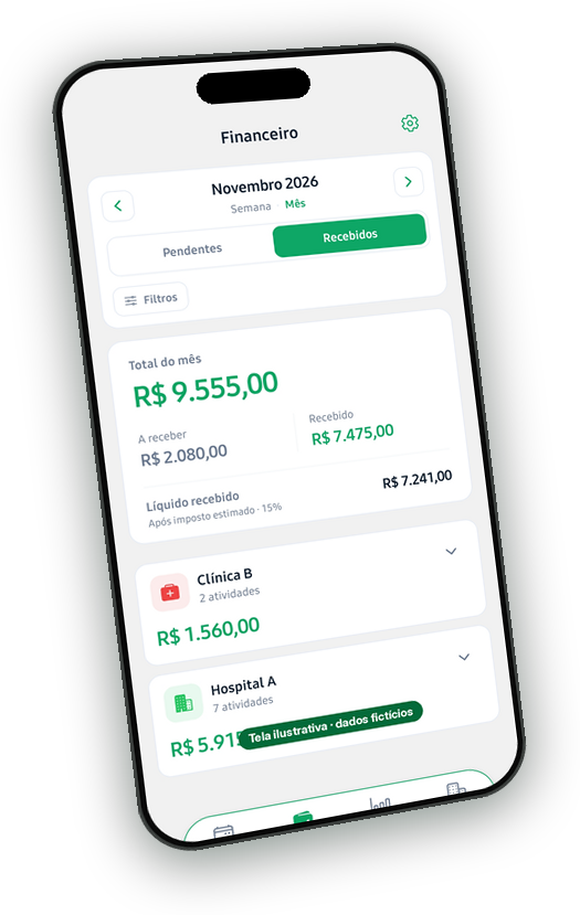 iPhone inclinado com a tela Financeiro do MedRenda, aba Recebidos. Tela ilustrativa, dados fictícios.